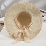 IFOMT Summer Women Sun Hats Handmade Woven Straw Hat with Lace Ribbons Flat Top Holiday Sunscreen Beach Cap Vacation Hat