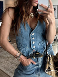 IFOMT Women Denim Vests Casual Summer V Neck Button Front Sleeveless Tank Tops Y2k Aesthetic Jean Jacket Waistcoat Streetwear