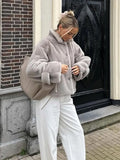 IFOMT Women Fashion Grey Faux Fur Lapel Warm Jackets Oversized Long Sleeve Crop Warm Coat 2024 New Winter Lady Thickened Outerwear