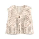 IFOMT Fashion Sleeveless Knitted Cardigan Vests For Women Autumn New Short Sweater Button With Pockets Solid Color Knitted Top
