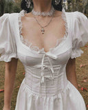 Ifomt Jasmine Puff Sleeves Lace Bow Dress