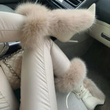 IFOMT Pointed Toe Fur Mid Calf Boots Stiletto Heels Ankle Straps Fashion Warm Shoes In Winter Solid Plush Sexy Party Dress Shoes