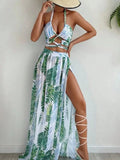 IFOMT 2024 Halter Criss Cross Bikini Tropical Print Swimsuit & Beach Dress 3 Piece Sexy Swimwear Women Bathing Suit Beachwear Summer