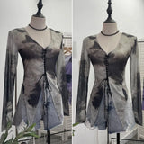 IFOMT Retro Hot Girl Tie Dye Printed Long Sleeve Shirt V-neck Lace Up Irregular Shoulder Pads T-shirt Short Top Casual Streetwear 2622