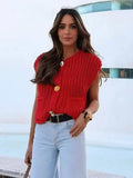 IFOMT Fashion Sleeveless Knitted Cardigan Vests For Women Autumn New Short Sweater Button With Pockets Solid Color Knitted Top