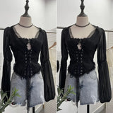 IFOMT Women Retro Lace Up Hollow Out Long Sleeve Top Sexy Slim Fitting Tie Waist Fishbone Shirt Y2K Palace Style Partyclub Streetwear
