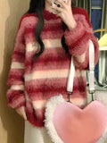 IFOMT Vintage Red Striped Gradient Mohair Lazy Sweater Autumn Winter New Knitted Pullover Y2k O-neck Long Sleeve Loose Tops Mujer