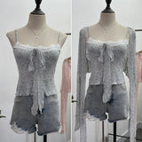 IFOMT Ladies Hottie Lace Bow Lace Up Camisole Short Irregular Streamer Long Sleeve Cardigan Top Knitted Two-Piece Set Y2K Sweety Top