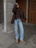 IFOMT Women Dark Red Round Neck Wool Blends Short Jacket Elegant Long Sleeve Buttons Cropped Coats Autumn Winter High Street Outwear