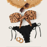 IFOMT Beach Bikini  Woman Sexy Front Lace Up Tie Strapless Leopard Swimsuit Female Push Up Ruffled Bow Bathing Suit Thong Swimwear