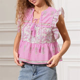 IFOMT Women y2k Vintage Ruffles Sleeve Shirts Floral Print/Stripe Tassel Tie-Up Fashion Blouses Summer Casual Tops