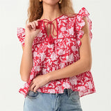 IFOMT Women Boho Tie Front Peplum Top Stripe Floral Print Flowy Fringe Sleeve Ruffle Crop Top Babydoll Blouse Tee Shirt Party Clubwear