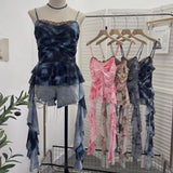 IFOMT Women Elegant Sexy Mesh Print Camisole Irregular Ruffled Ribbon Patchwork Lace Sleeveless Y2K Top Casual Club Streetwear 9968