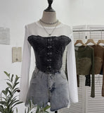 IFOMT Retro Raw Edge Denim Lace Up Pacthwork Mesh Long Sleeve Shirt Women Sexy See Through Top Y2k Shirt Holiday Club Streetwear 2638