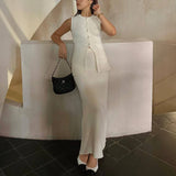 IFOMT Summer Fashion Knitted Skirt Suit Sleeveless Vest Pocket Slit High Waist Long Skirt Elegant White Ribbed Knitwear Outfits