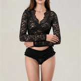 IFOMT Women Y2k Lace Long Sleeve Crop Top Sexy V Neck Floral Sheer Mesh Top Cute See Through Blouse Night Clubwear