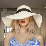 IFOMT Summer Foldable Big Brim  Straw Hat Women Wide Brim Beach Hat Simple Travel Sun Hat Sunscreen UV Panama Sun Cap UPF 50+