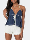 IFOMT Women Sexy Halter Tie-up Vest Tops Y2k Texture Ruffle Patchwork Sleeveless Backless Open Front Tie-up Split Camisoles Streetwear