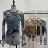 IFOMT Women's Sexy See Throgh Top Y2K Vintage Washed Raw Edge Denim Pacthwork Mesh Long Sleeve Shirt Casual Holiday Club Streetwear
