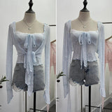 IFOMT Ladies Hottie Lace Bow Lace Up Camisole Short Irregular Streamer Long Sleeve Cardigan Top Knitted Two-Piece Set Y2K Sweety Top