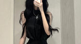 IFOMT Fashion Off Shoulder Sleeveless Halter Black Tops Women+ Y2k E-Girl High Waist Ruched Skirts 2024 Summer New Two Piece Sets