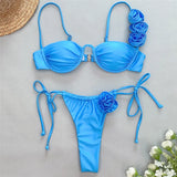 IFOMT Sexy 3D Flower Blue Push Up Bikinis Set 2024 Women Wrinkled Underwired Swimwear Micro Thong Swimsuit Bathing Suit Bikini Mujer