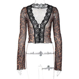 IFOMT Women's Leopard Print Sexy Mesh See Through Shirt Y2K Women Long Sleeve Slim Lace Cardigan Blouse Summer Party Club Casual Tees