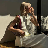 IFOMT Summer Fashion Knitted Skirt Suit Sleeveless Vest Pocket Slit High Waist Long Skirt Elegant White Ribbed Knitwear Outfits