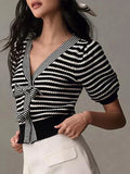 IFOMT Women's Striped Knitted Tops Y2K Short Puff Sleeve V Neck Bow Front Crop Sweater Shirt Casual Slim Blouses Streetwear