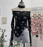 IFOMT Women's Retro Pink Butterfly Halter Distressed Distressed Long Sleeve T-Shirt Hot Girl Skew Collar One-Line Collar Slim Fit Top