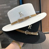 IFOMT Summer Sun Hat Flat Top Straw Hats for Women New Metal R Letter Fashionable Beach Sun Hat Females Travel Holidays Boater Hat