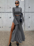 IFOMT Loose Side Slit Skirt Two Piece Sets Womens Outfits 2024 Women Dress Sets Short Long Sleeve Hoodies And Skirts Suit Femme