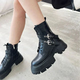 IFOMT Fashion Soft Leather Mid-calf Biker Boots Women Winter New Metal Buckle Design Chunky Heel Ankle Boots Punk Style Platform Boots
