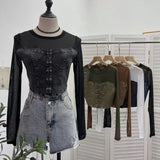IFOMT Retro Raw Edge Denim Lace Up Pacthwork Mesh Long Sleeve Shirt Women Sexy See Through Top Y2k Shirt Holiday Club Streetwear 2638