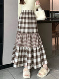 Ifomt Women Plaid Skirts Autumn Winter Korean Mori Girl Style Vintage High Waisted A-Line Pleated Long Skirt