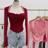IFOMT Women Square Neck Tie Halter Mesh See Through Long Sleeve T-shirt Sexy Lce Up Slim Fit Short Slit Cuff Top PartyClub Streetwear
