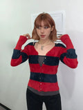 IFOMT Red Black Striped Cardigan Coat Women Waterproof Mink V-neck Knitted Tops Early Autumn Thin Long Sleeeve Sweaters Mujer