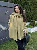 IFOMT Classical Scarf Collar Woolen Short Coats For Women Causal Loose Big Pocket Green Long Sleeve Jacket Winter Female Commute Tops