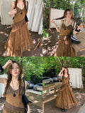 IFOMT Spring Outfit Korean style Ethnic Irgular Spaghettic Strap Fairy Boho Hippie Dress Women Tassel Mesh Stitching Spice Summer Beach Slim Dress