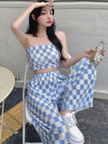 IFOMT 2024 New Summer Fashion Casual Plaid 2 Piece Set Women Strapless Crop Top + Wide Leg Pants Suits Female Sexy Outfits For Woman