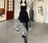 IFOMT Spring Outfit Black Suspender Dress for Women Summer Slim Waist Retro Long French Ruffle Hem Dress Evening Party Sundress M-4XL