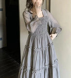 IFOMT Spring Outfit Spring Autumn Vintage Gray Elegant Square Neck Ruffles Pleated Dress Women Long Sleeve Holiday Party Long Dress Robe Popular New