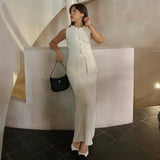 IFOMT Summer Fashion Knitted Skirt Suit Sleeveless Vest Pocket Slit High Waist Long Skirt Elegant White Ribbed Knitwear Outfits