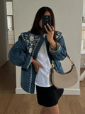 IFOMT 2024 Blue Printed Patchwork Short Coat Women  O-neck Long Sleeves With Pockets Cropped Jackets Autumn Female Chic Streetwear