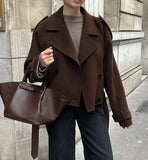 IFOMT Fashion Double Breasted Wool Coat Office Lady Lapel Brown Retro Short Jackets Loose Solid 2024 Fall Winter Female Outwear