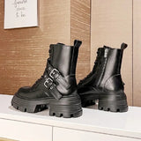 IFOMT Fashion Soft Leather Mid-calf Biker Boots Women Winter New Metal Buckle Design Chunky Heel Ankle Boots Punk Style Platform Boots