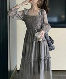 IFOMT Spring Outfit Spring Autumn Vintage Gray Elegant Square Neck Ruffles Pleated Dress Women Long Sleeve Holiday Party Long Dress Robe Popular New