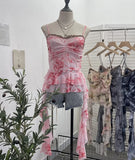 IFOMT Women Elegant Sexy Mesh Print Camisole Irregular Ruffled Ribbon Patchwork Lace Sleeveless Y2K Top Casual Club Streetwear 9968