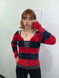 IFOMT Red Black Striped Cardigan Coat Women Waterproof Mink V-neck Knitted Tops Early Autumn Thin Long Sleeeve Sweaters Mujer