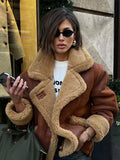 IFOMT 2024 Winter Thickened Spliced Furry Leather Short Jacket Fashion Single Breasted Brown With Pocket Coat Female High Streetwear